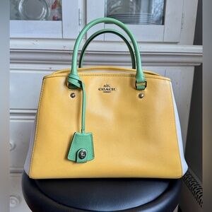 【Coach】Small Margot Leather Carryall Tote Bag in Yellow Green Colorblock
